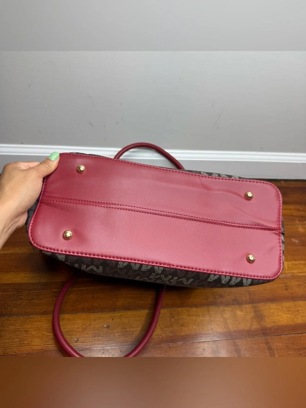 Monogram Tote with Burgundy Trim and Gold Accent